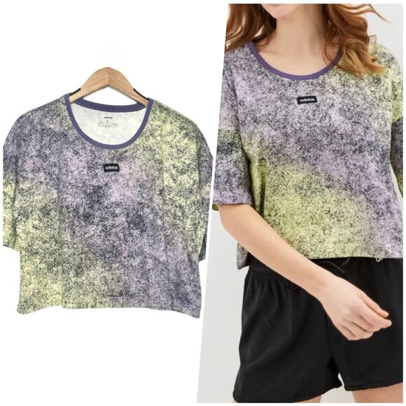 adidas | Women | Neon Splattered Athletic Logo Cropped Top | Size Large - Picture 1 of 9